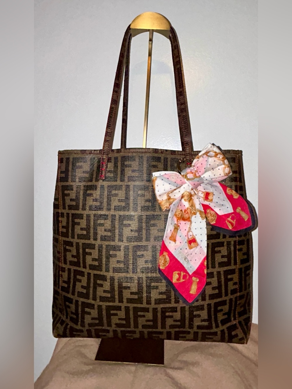 Fendi Zucca Spalmati coated canvas tote bag. Vintage with AuthFendi Handkerchief
